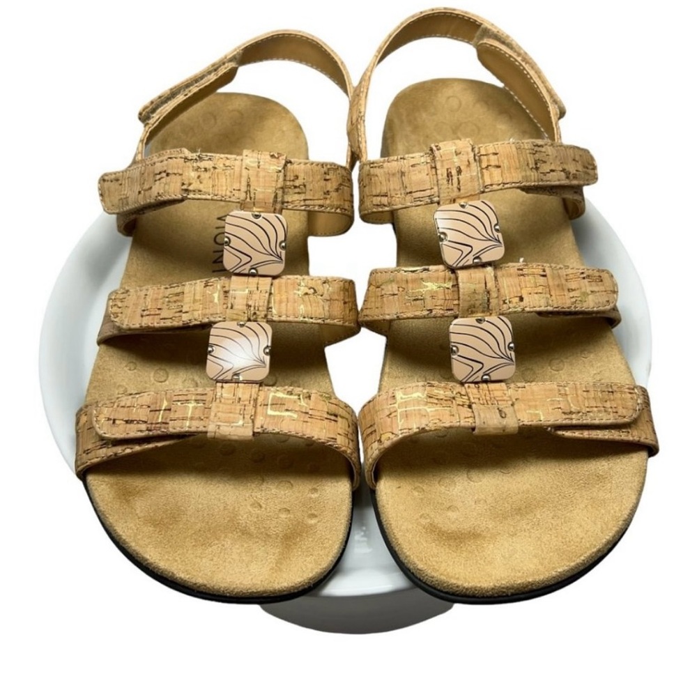 Vionic Cork Triple-Strap Sandals with Decorative Tiles - Tan